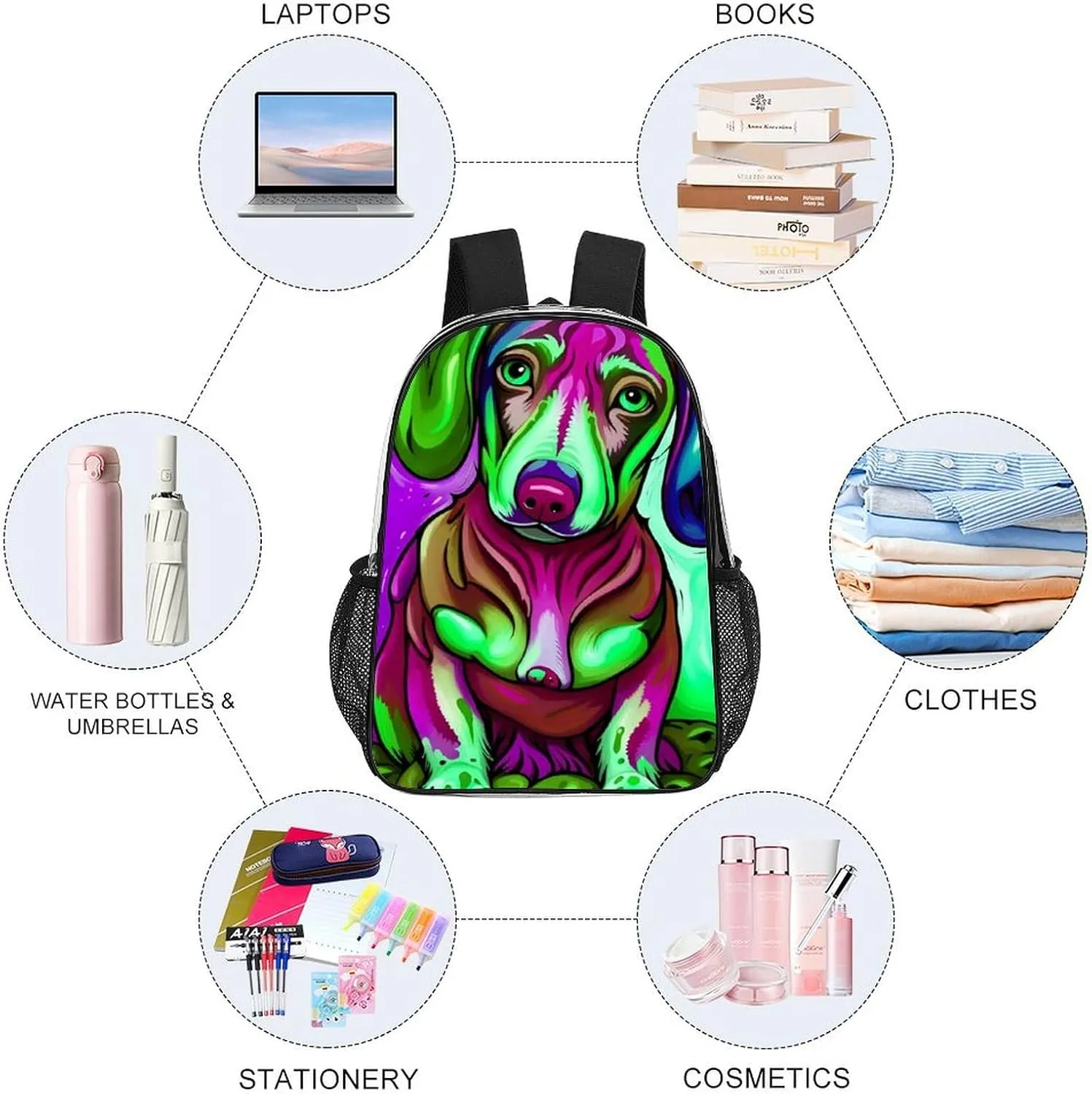 Sausage Dog Dachshund Art Daypack Backpack Transparent Anti-Theft Multipurpose Bookbag Big Capacity Travel Hiking & Camping Rucksack With Smooth Zippers
