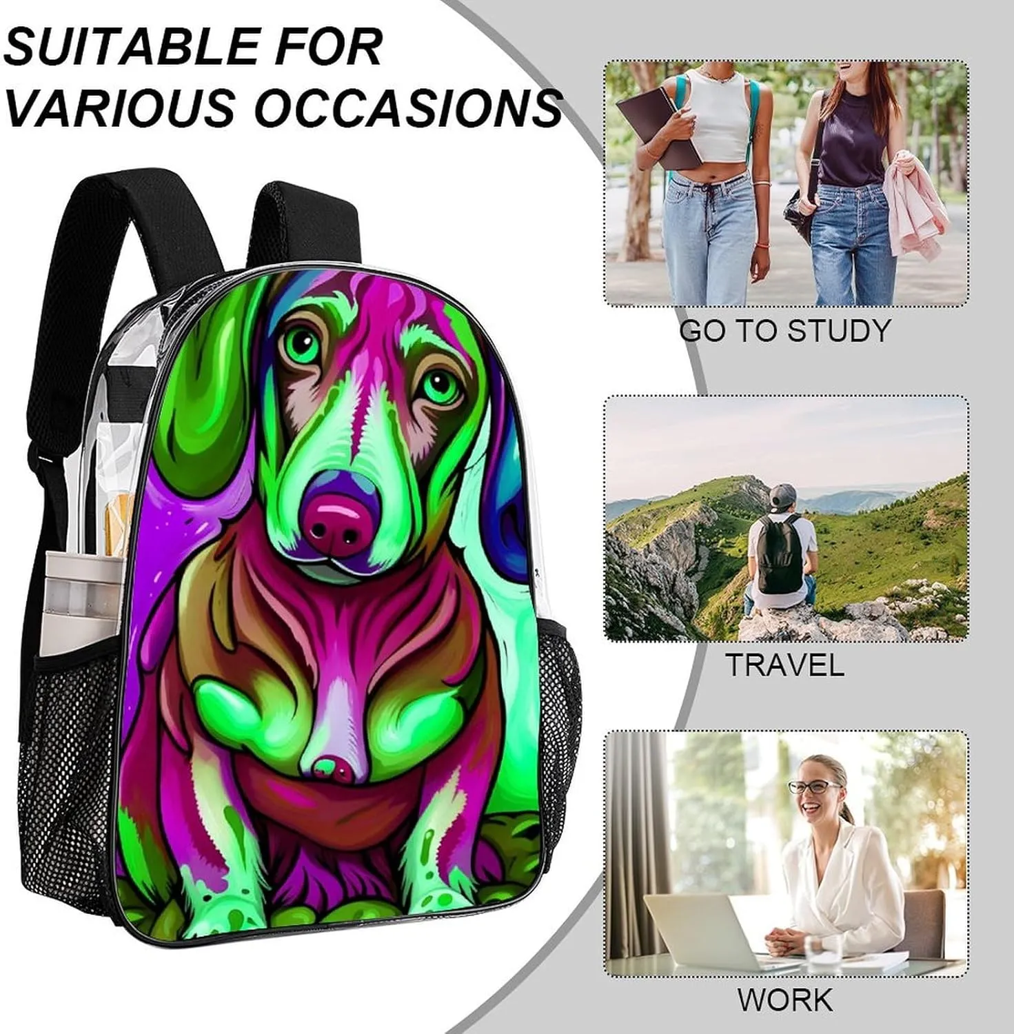 Sausage Dog Dachshund Art Daypack Backpack Transparent Anti-Theft Multipurpose Bookbag Big Capacity Travel Hiking & Camping Rucksack With Smooth Zippers