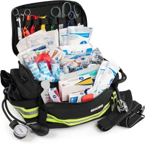 Scherber First Responder Fully-Stocked Professional Essentials EMT/EMS Trauma Kit | HSA/FSA Approved | Reflective Bag w/8 Zippered Pockets & Compartments & 200  First Aid Supplies - Black