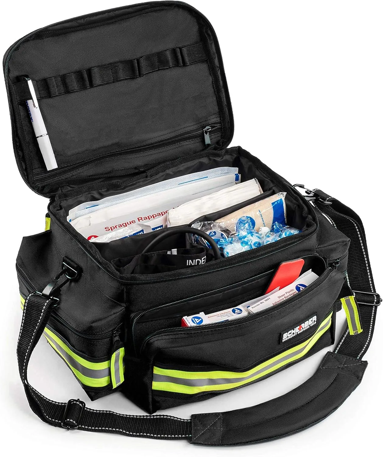 Scherber First Responder Fully-Stocked Professional Essentials EMT/EMS Trauma Kit | HSA/FSA Approved | Reflective Bag w/8 Zippered Pockets & Compartments & 200  First Aid Supplies - Black