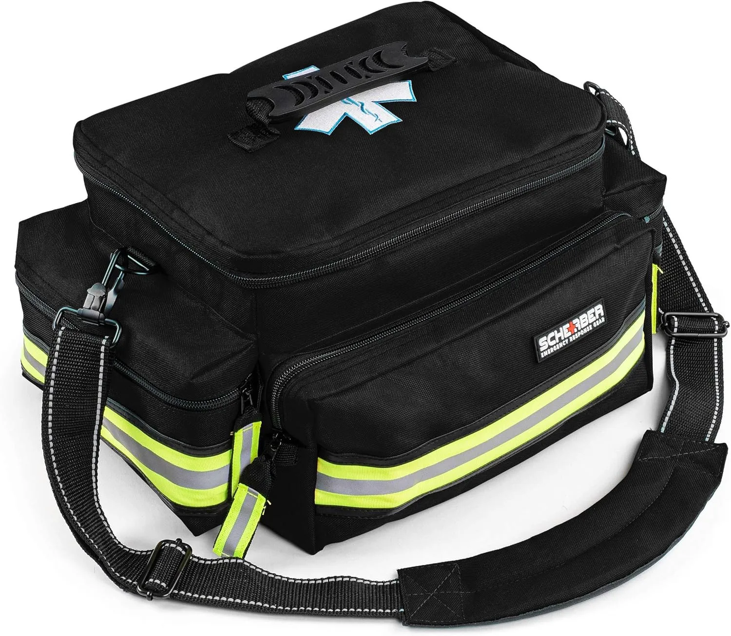 Scherber First Responder Fully-Stocked Professional Essentials EMT/EMS Trauma Kit | HSA/FSA Approved | Reflective Bag w/8 Zippered Pockets & Compartments & 200  First Aid Supplies - Black