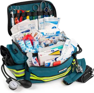 Scherber First Responder Fully-Stocked Professional Essentials EMT/EMS Trauma Kit | HSA/FSA Approved | Reflective Bag w/8 Zippered Pockets & Compartments & 200  First Aid Supplies - Blue