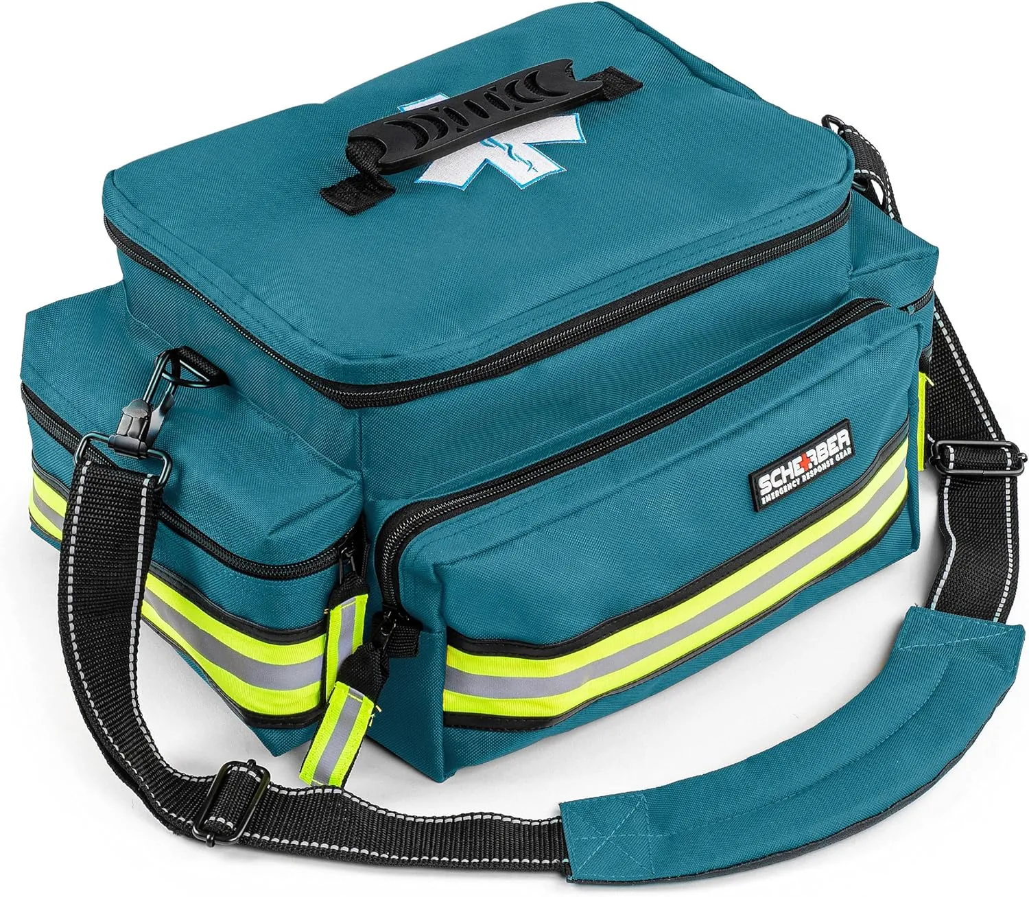 Scherber First Responder Fully-Stocked Professional Essentials EMT/EMS Trauma Kit | HSA/FSA Approved | Reflective Bag w/8 Zippered Pockets & Compartments & 200  First Aid Supplies - Blue