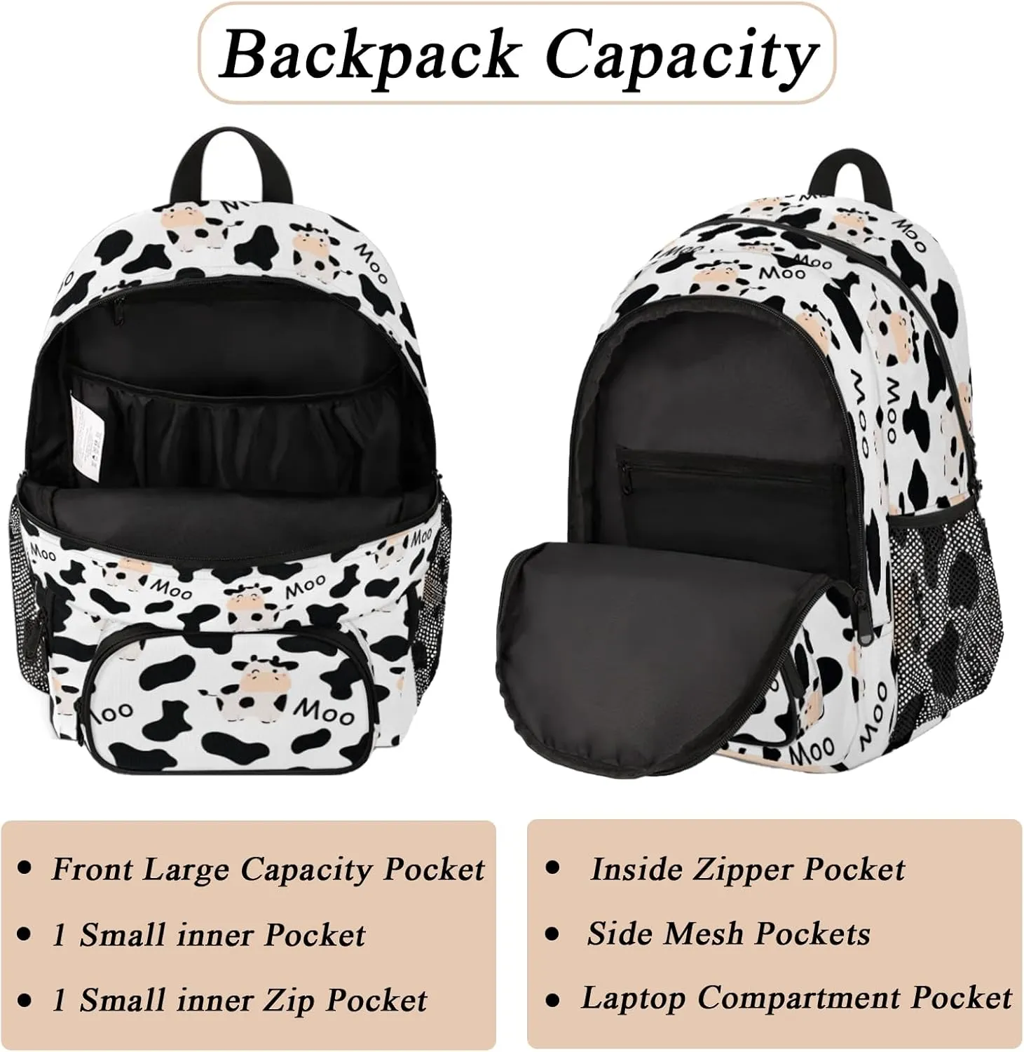 School Backpack for Boys Girls - Bookbag for Middle Elementary College Gym Travel, School Bag Rucksack Casual Daypack Computer Laptop Backpack for Women Men (Cute Cows Animal)