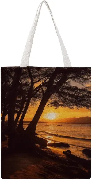 Seashore Trees Sunset Handbags Portable Shoulder Bag Canvas Tote Bag Unisex for Work Hiking Gym Gift