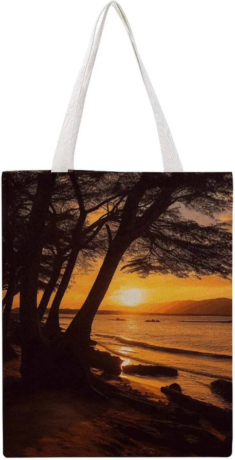 Seashore Trees Sunset Handbags Portable Shoulder Bag Canvas Tote Bag Unisex for Work Hiking Gym Gift