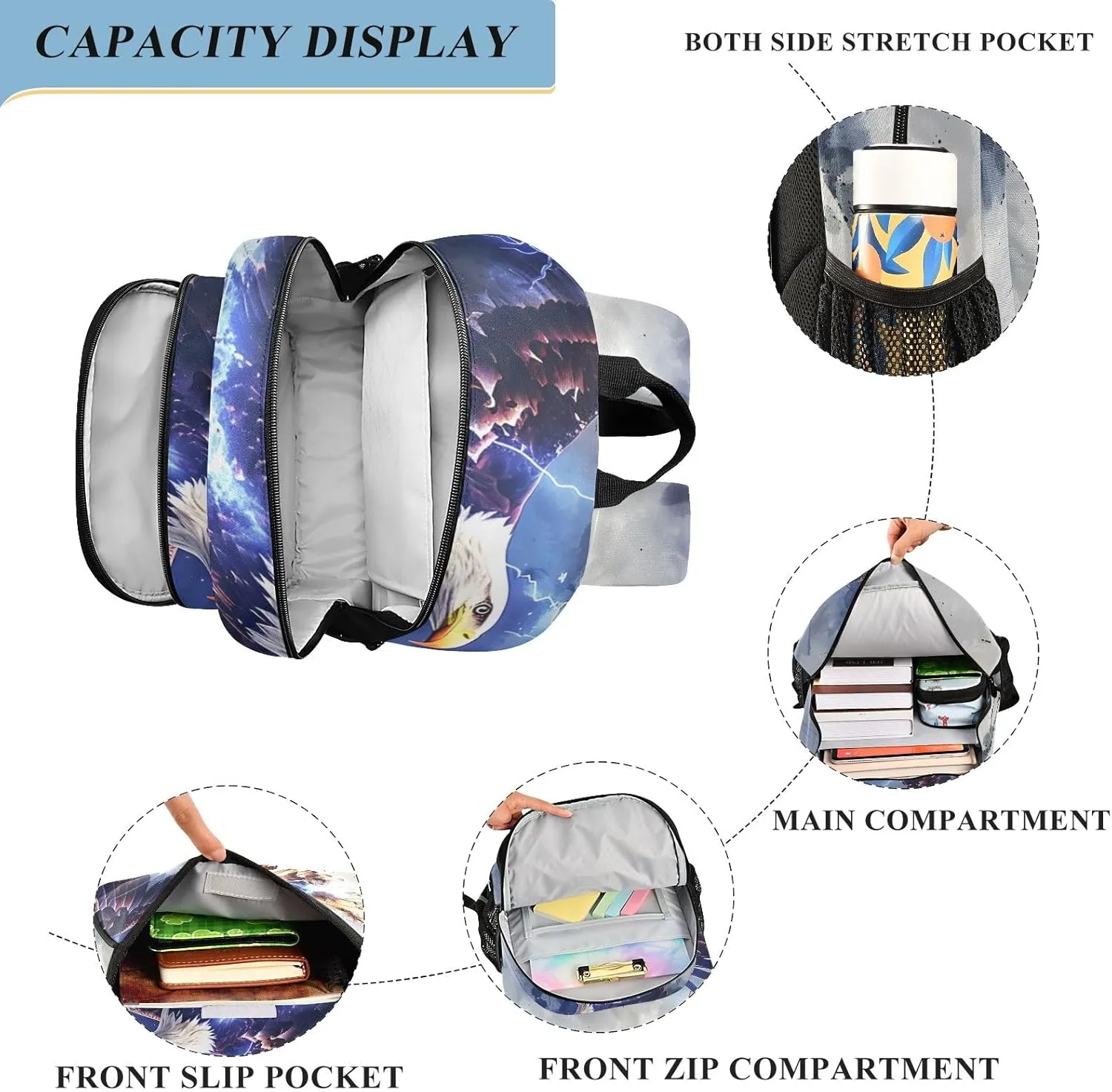 senya School Backpack Kids College Rucksack Travel Bookbag Fashion Back Pack Girls Boys Eagle Surrounded Blue Lightning Hand