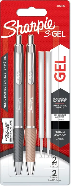 Sharpie S-Gel | Metal Gel Pens | Medium Point (0.7mm) | Steel Grey & Rose Gold | Black Ink | 2 Pens & 2 Gel Pen Refills