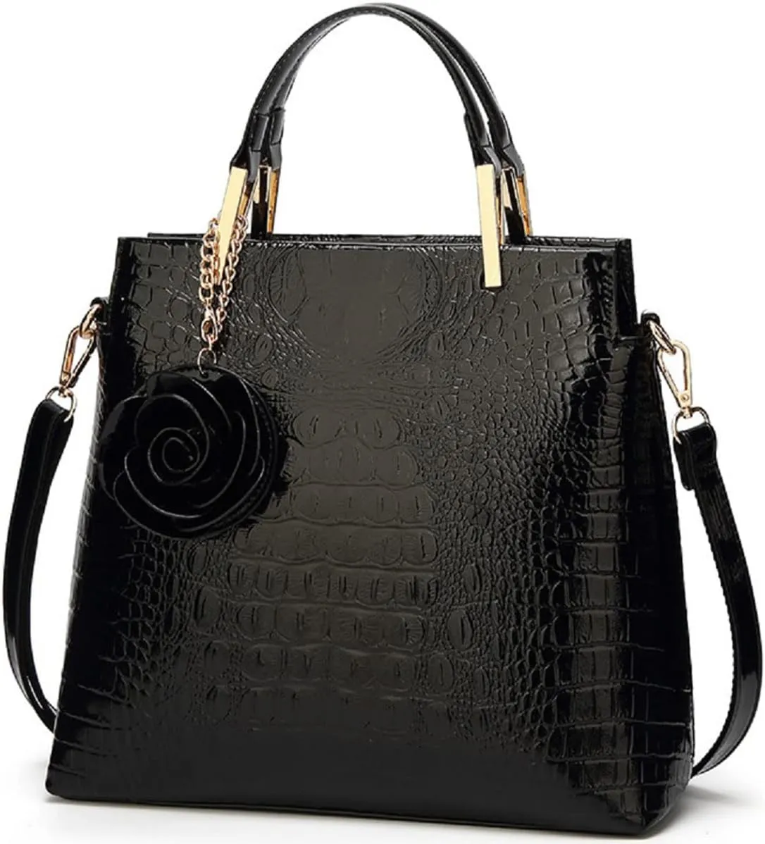Shiny Patent Leather Women Handbag Crocodile Pattern Shoulder Bag Flower Pendant Top Handle Tote Satchel Purse