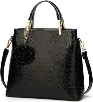 Shiny Patent Leather Women Handbag Crocodile Pattern Shoulder Bag Flower Pendant Top Handle Tote Satchel Purse