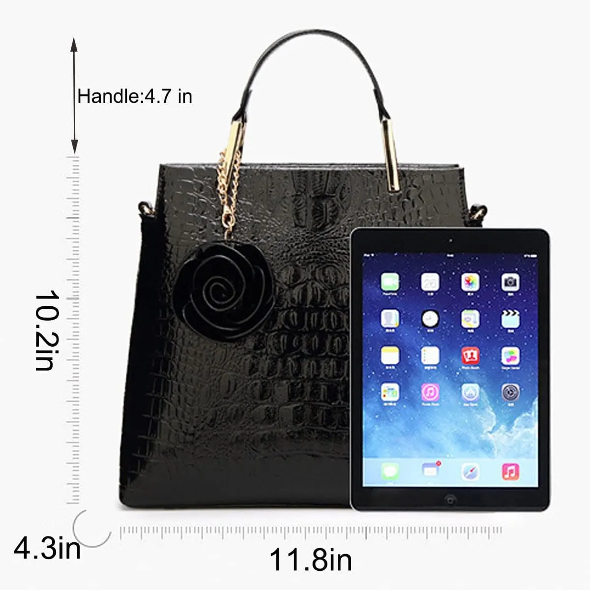 Shiny Patent Leather Women Handbag Crocodile Pattern Shoulder Bag Flower Pendant Top Handle Tote Satchel Purse
