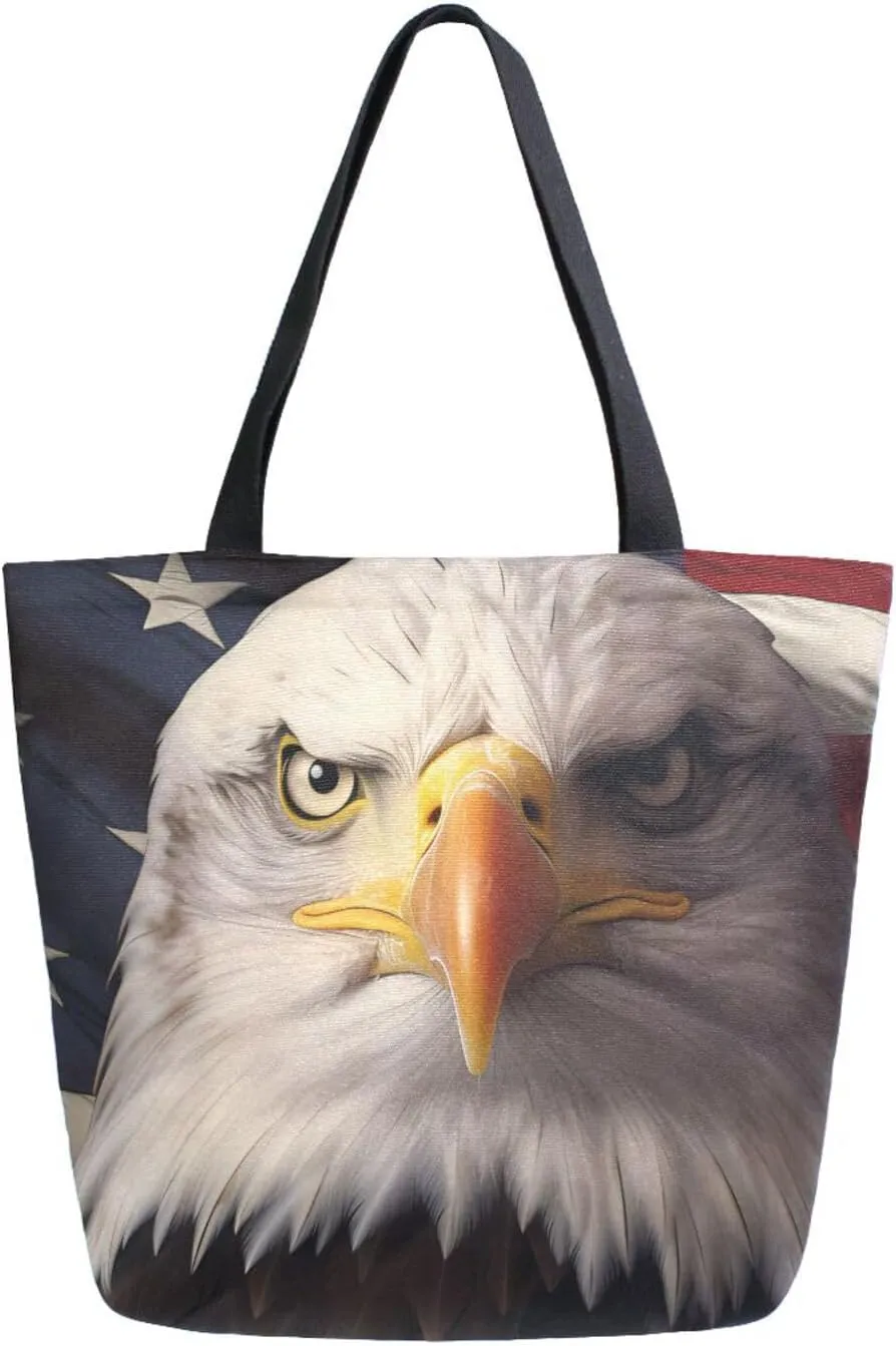 Shoulder Bag for Women Canvas Tote Bag American Flag Serious Eagle Handbags for Mom Sister Teacher Friend