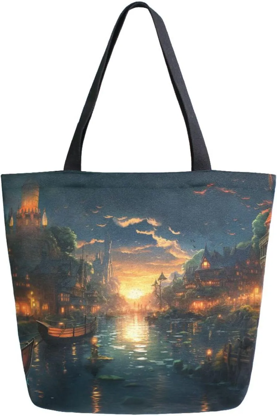 Shoulder Bag for Women Canvas Tote Bag Candlelight Night View Handbags for Mom Sister Teacher Friend