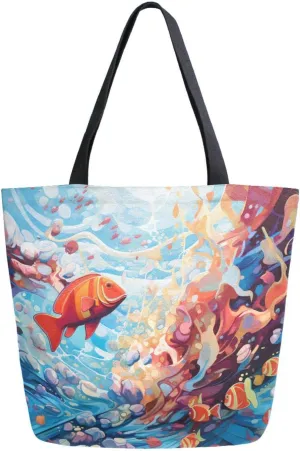 Shoulder Bag for Women Canvas Tote Bag Colored Goldfish Colony Handbags for Mom Sister Teacher Friend