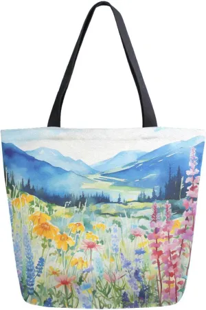 Shoulder Bag for Women Canvas Tote Bag Pink-purple Wildflower Bushes Handbags for Mom Sister Teacher Friend