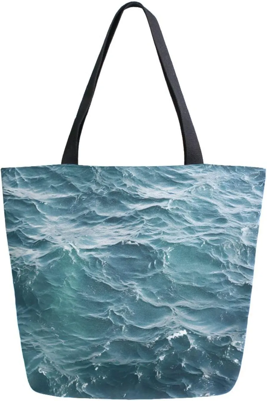 Shoulder Bag for Women Canvas Tote Bag Sea Water Waves Handbags for Mom Sister Teacher Friend
