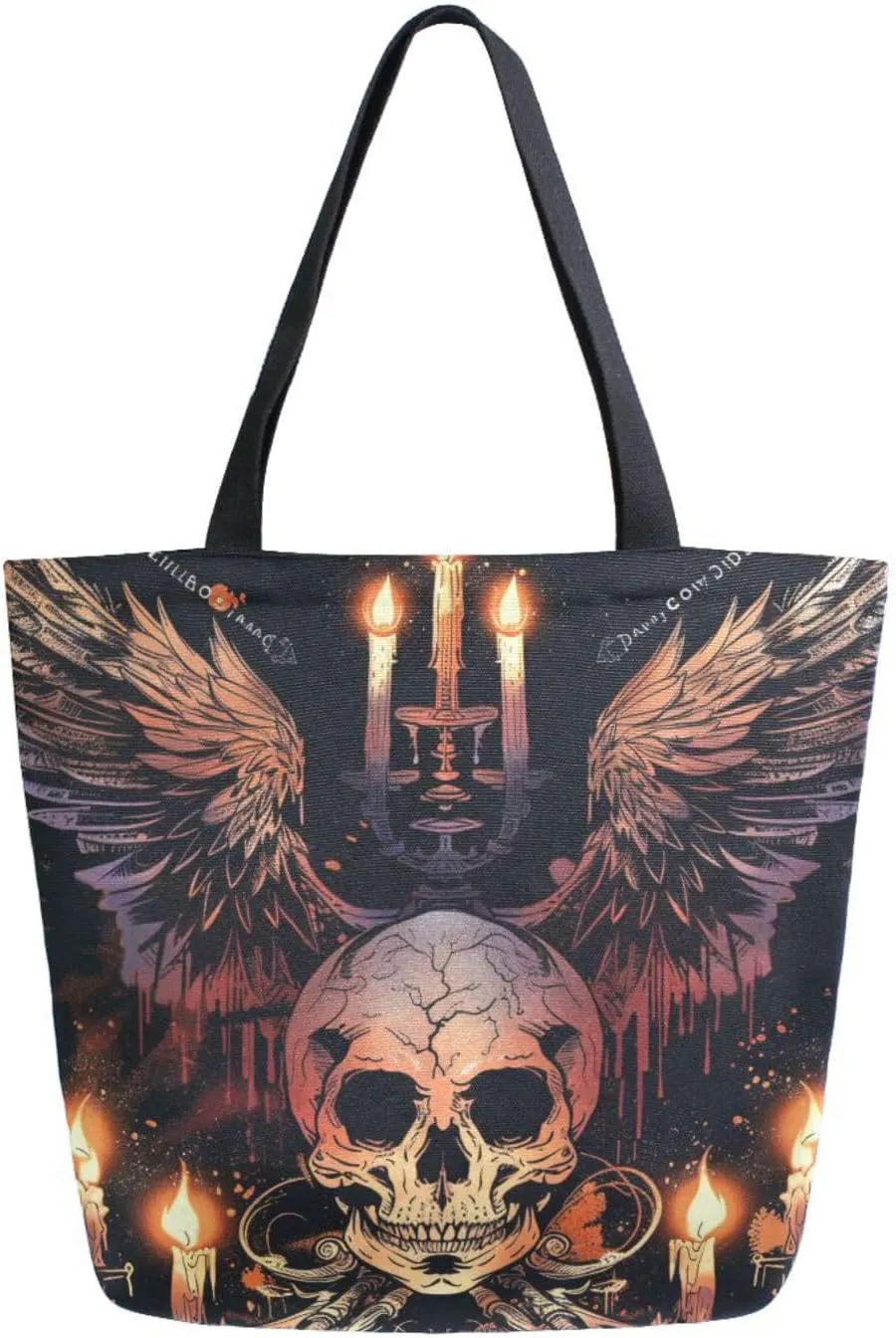 Shoulder Bag for Women Canvas Tote Bag Skull Candlelight Handbags for Mom Sister Teacher Friend