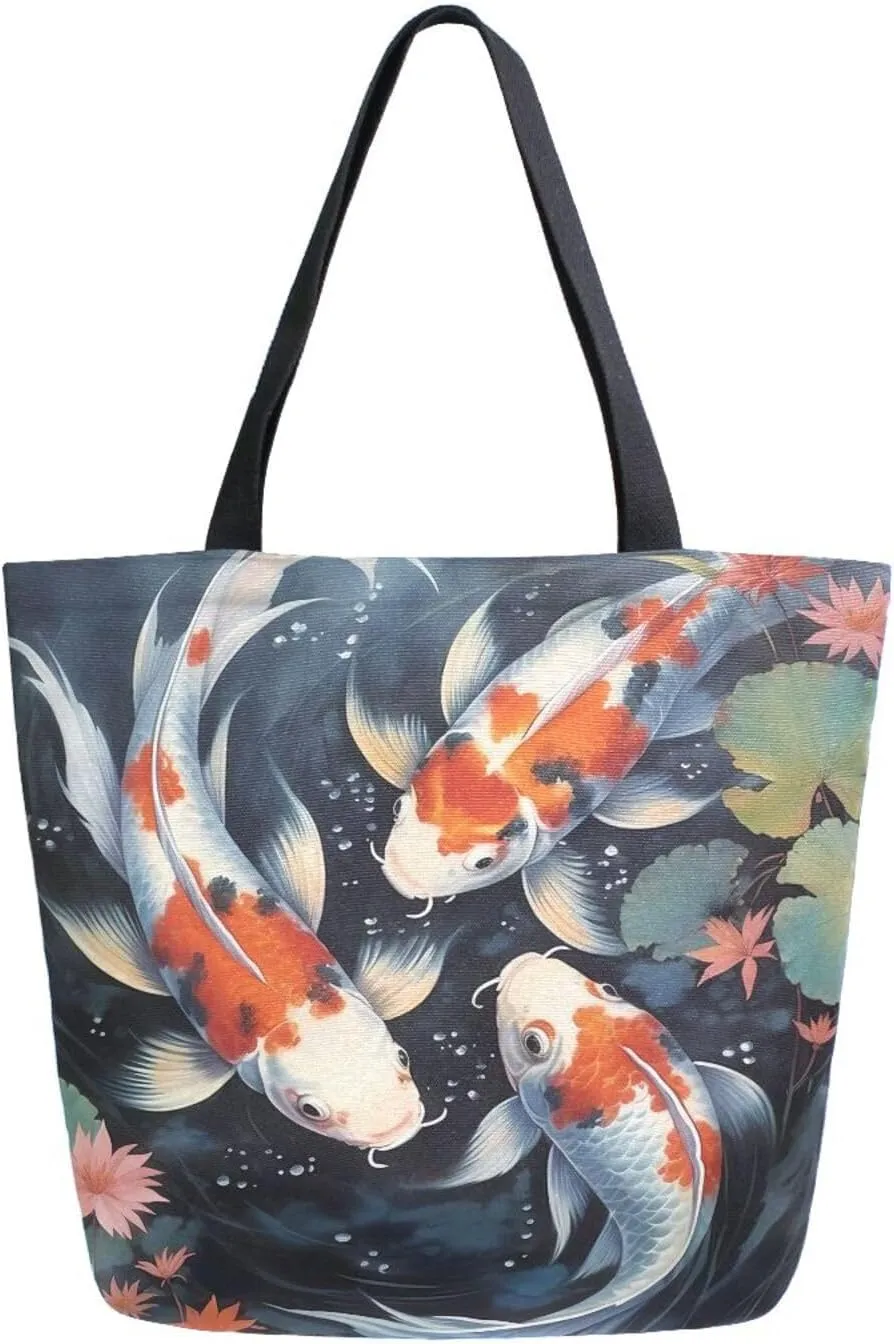 Shoulder Bag for Women Canvas Tote Bag Three Carp Lotus Pond Handbags for Mom Sister Teacher Friend