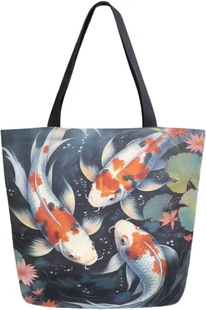 Shoulder Bag for Women Canvas Tote Bag Three Carp Lotus Pond Handbags for Mom Sister Teacher Friend