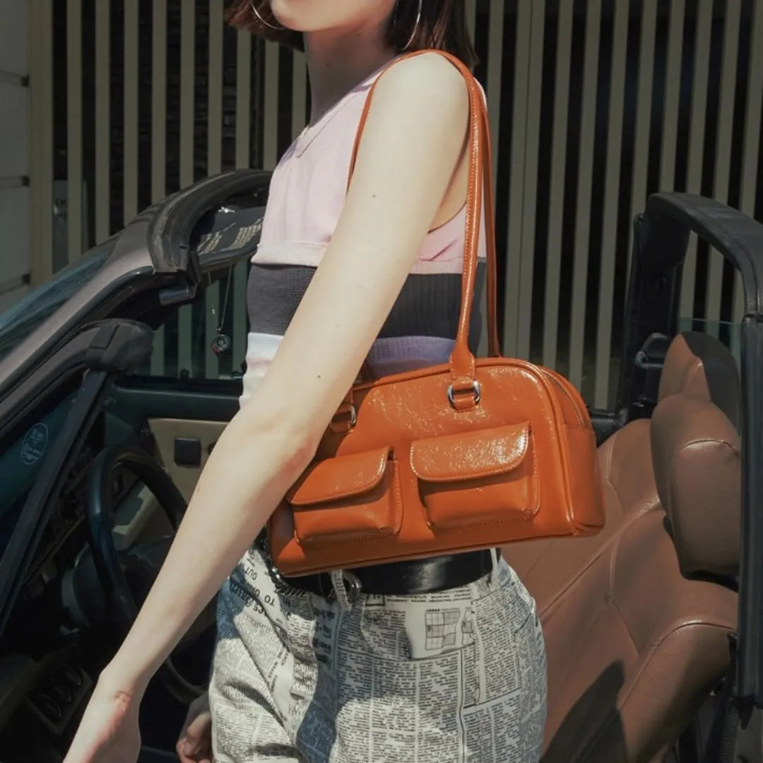 Shoulder Bag Purses for Women Retro Pu Leather Handbag Multi Pocket Top Handle Bag Aesthetic Underarm Bag