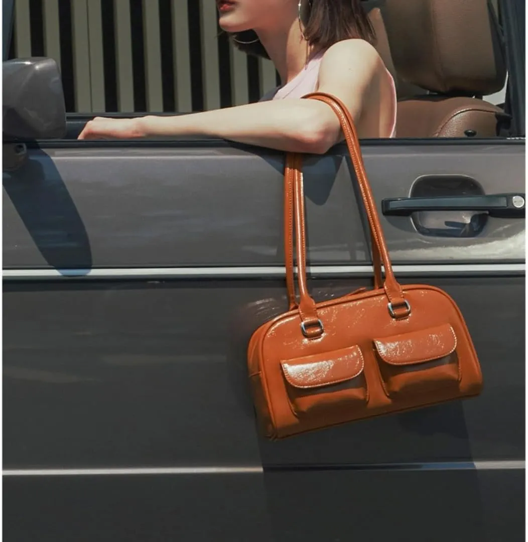 Shoulder Bag Purses for Women Retro Pu Leather Handbag Multi Pocket Top Handle Bag Aesthetic Underarm Bag