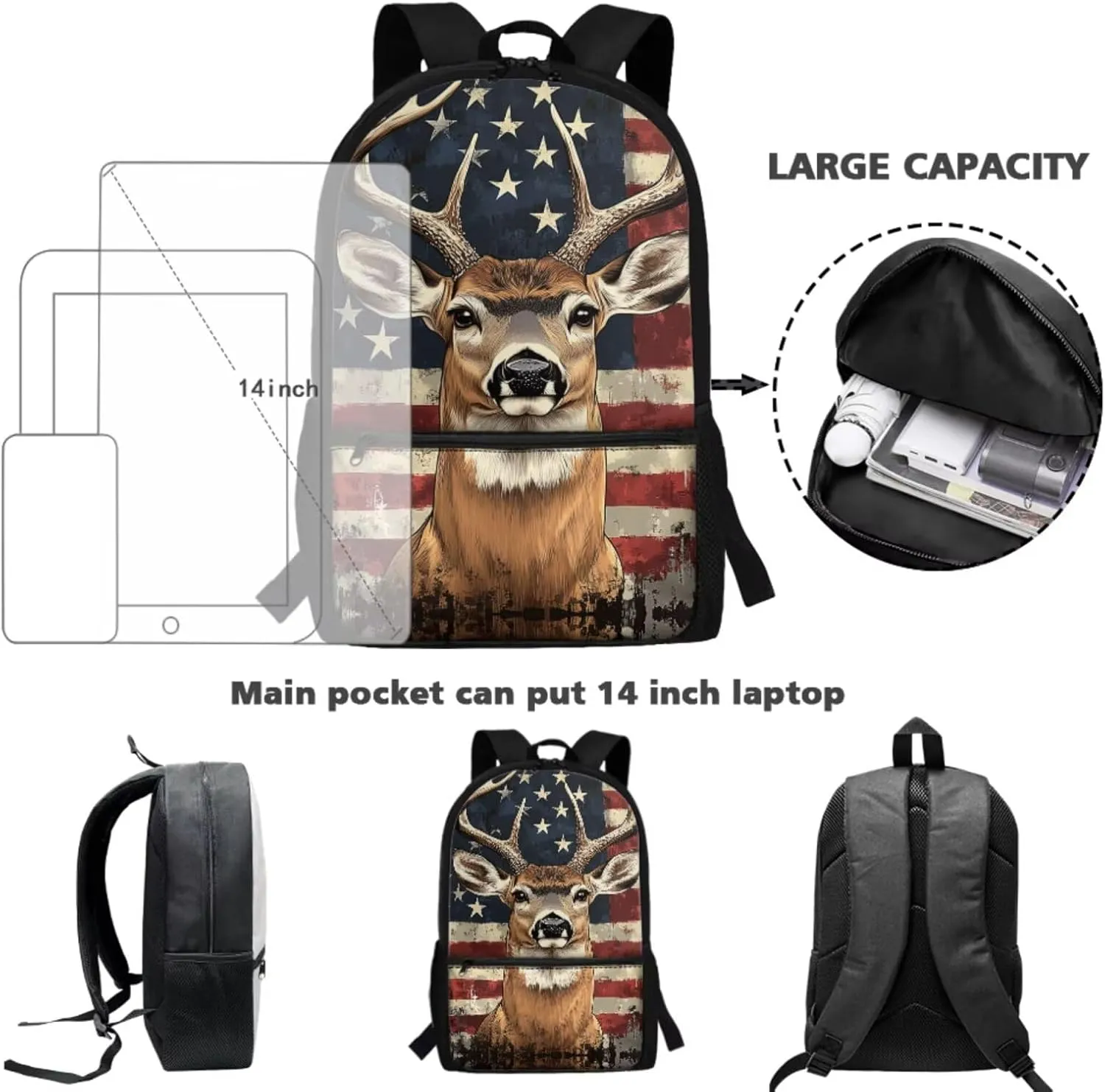 Showudesigns American Flag Deer School Backpack and Lunch Box Set for Girls Boys Elementary Bookbag Lunch Bag Pencil Case Water Bottle Holder 4 In 1 Kids School Bag with Front Pocket Satchel Rucksack