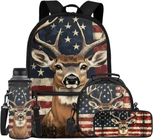 Showudesigns American Flag Deer School Backpack and Lunch Box Set for Girls Boys Elementary Bookbag Lunch Bag Pencil Case Water Bottle Holder 4 In 1 Kids School Bag with Front Pocket Satchel Rucksack
