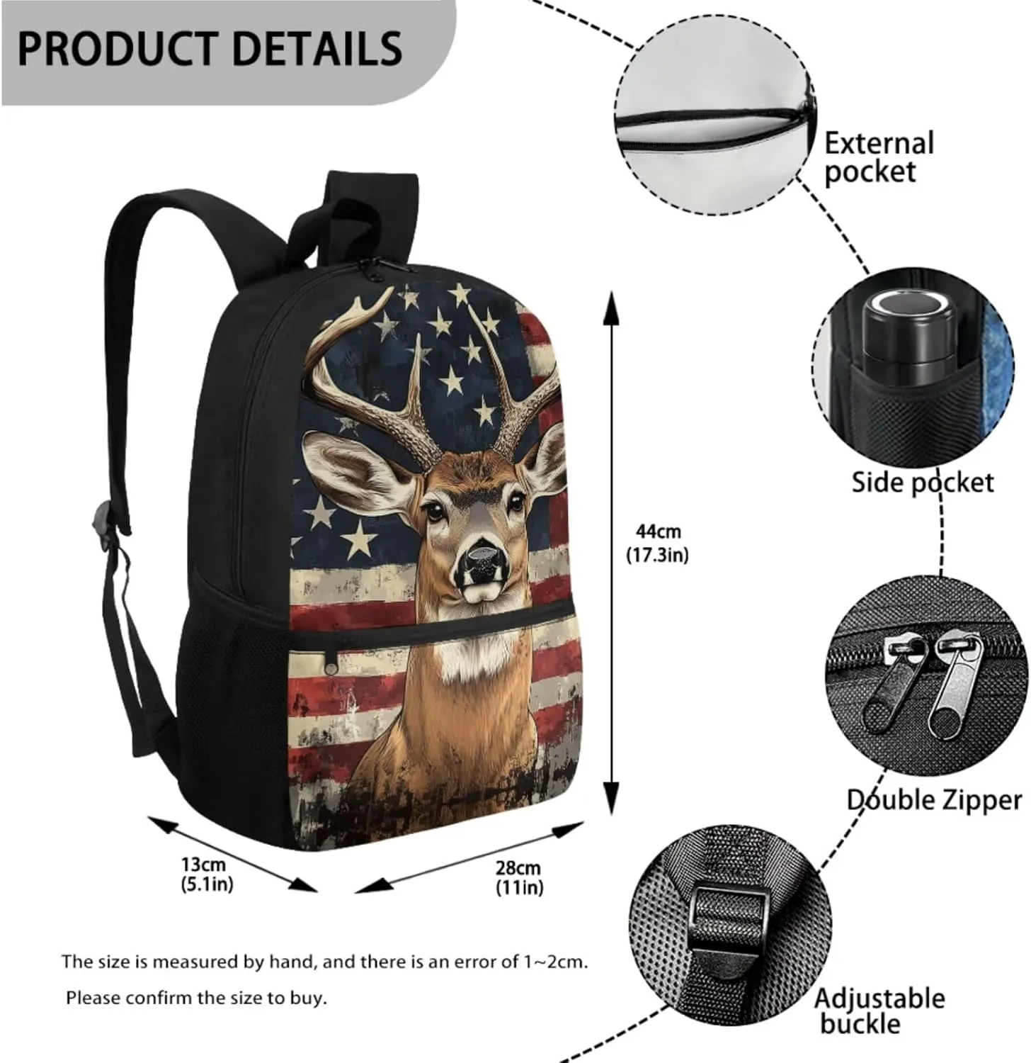Showudesigns American Flag Deer School Backpack and Lunch Box Set for Girls Boys Elementary Bookbag Lunch Bag Pencil Case Water Bottle Holder 4 In 1 Kids School Bag with Front Pocket Satchel Rucksack