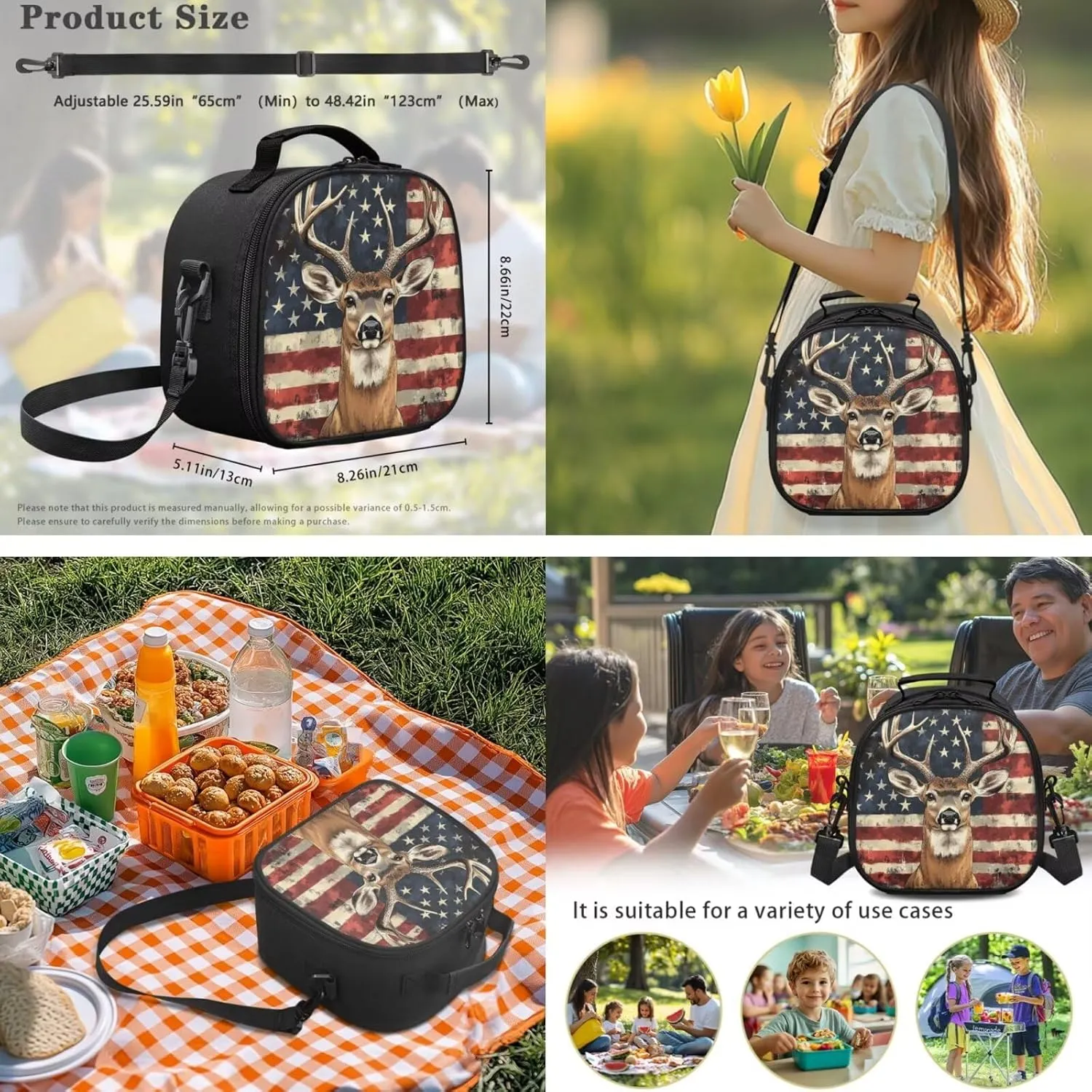 Showudesigns American Flag Deer School Backpack and Lunch Box Set for Girls Boys Elementary Bookbag Lunch Bag Pencil Case Water Bottle Holder 4 In 1 Kids School Bag with Front Pocket Satchel Rucksack