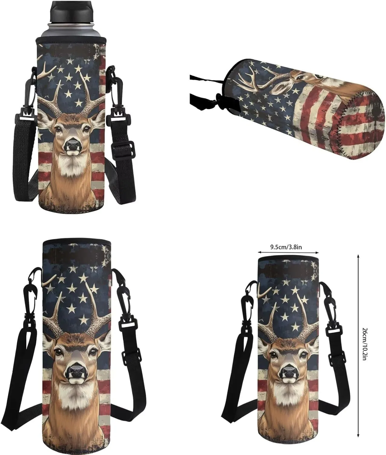 Showudesigns American Flag Deer School Backpack and Lunch Box Set for Girls Boys Elementary Bookbag Lunch Bag Pencil Case Water Bottle Holder 4 In 1 Kids School Bag with Front Pocket Satchel Rucksack