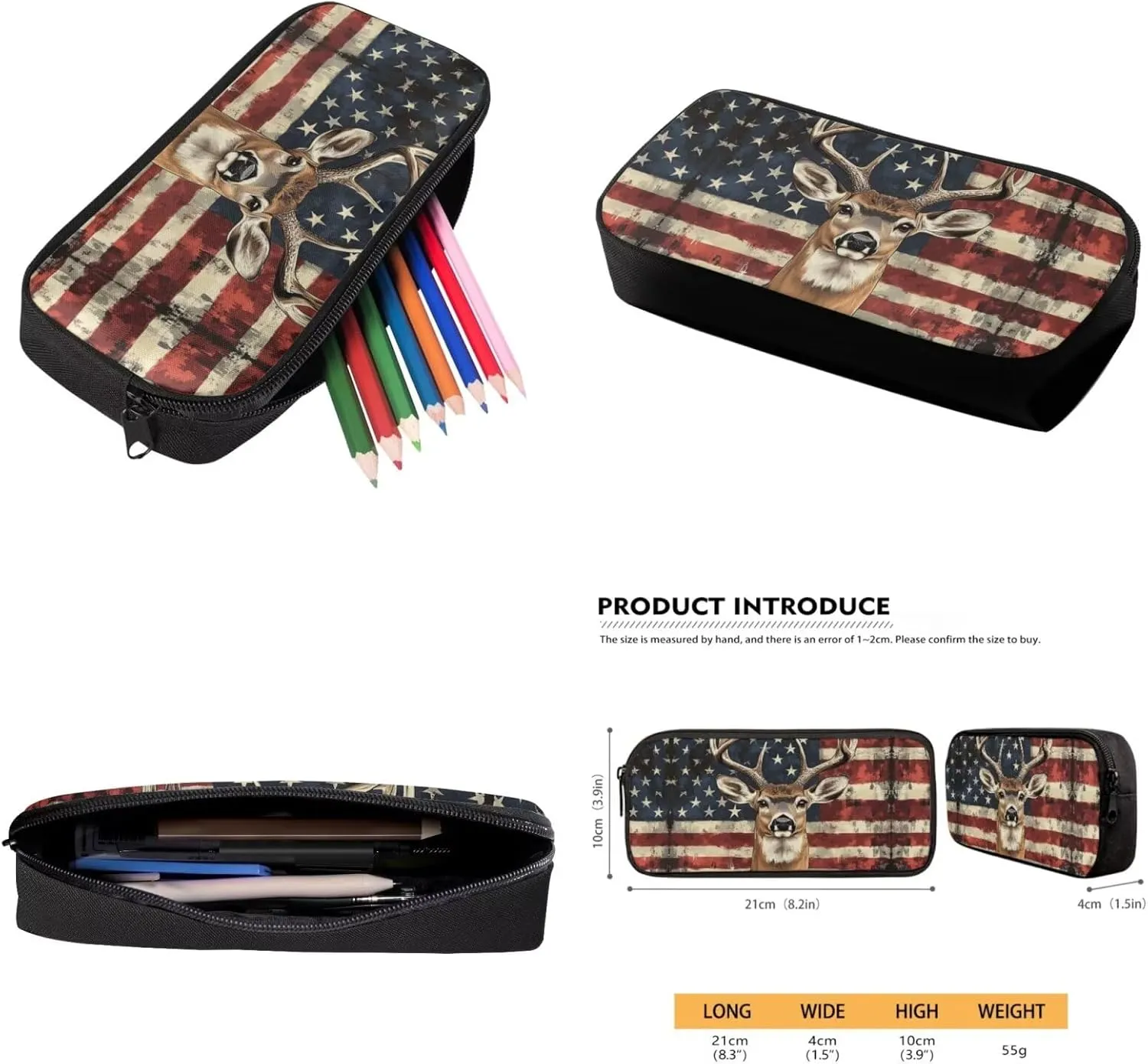 Showudesigns American Flag Deer School Backpack and Lunch Box Set for Girls Boys Elementary Bookbag Lunch Bag Pencil Case Water Bottle Holder 4 In 1 Kids School Bag with Front Pocket Satchel Rucksack