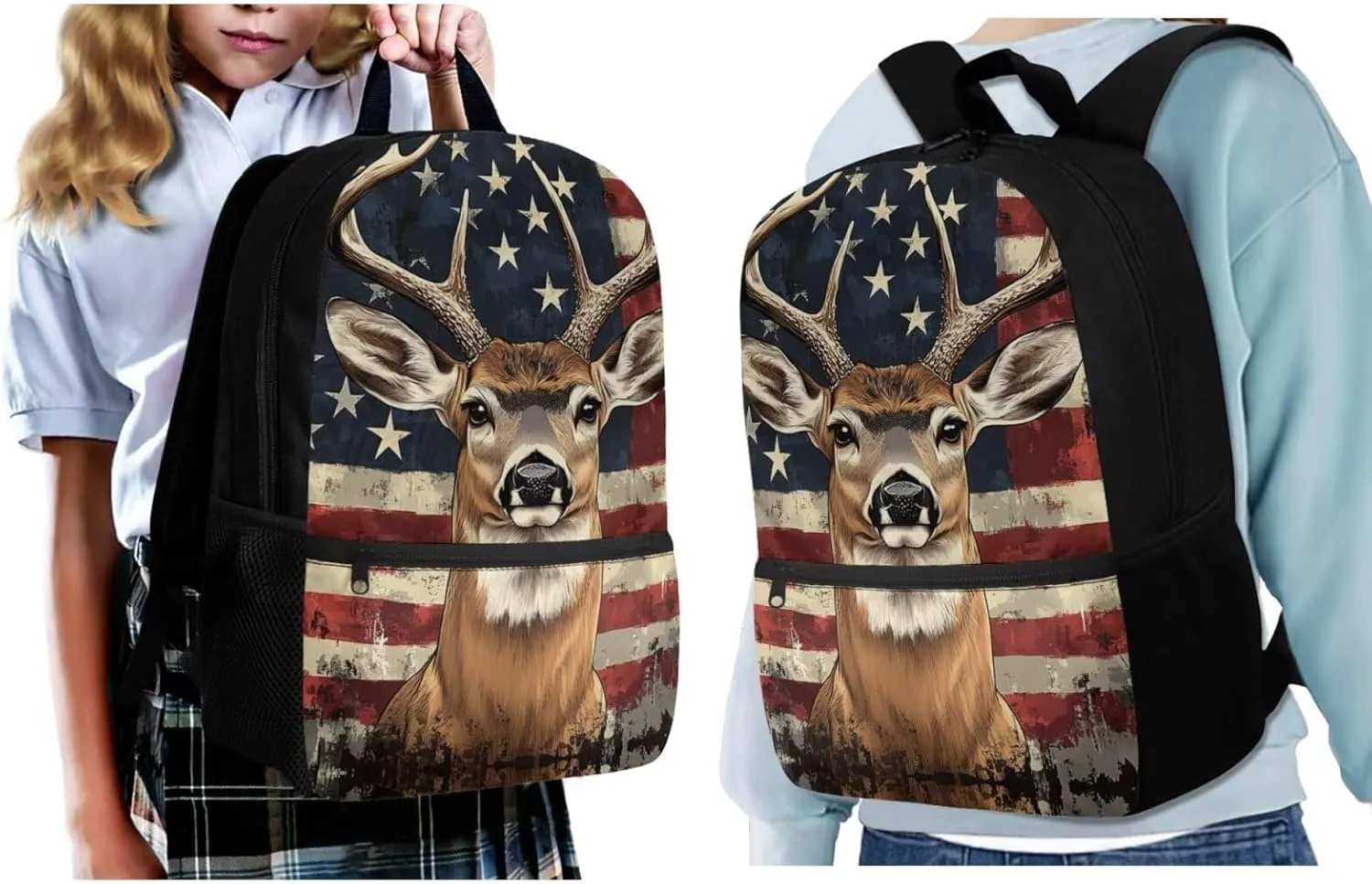 Showudesigns American Flag Deer School Backpack and Lunch Box Set for Girls Boys Elementary Bookbag Lunch Bag Pencil Case Water Bottle Holder 4 In 1 Kids School Bag with Front Pocket Satchel Rucksack