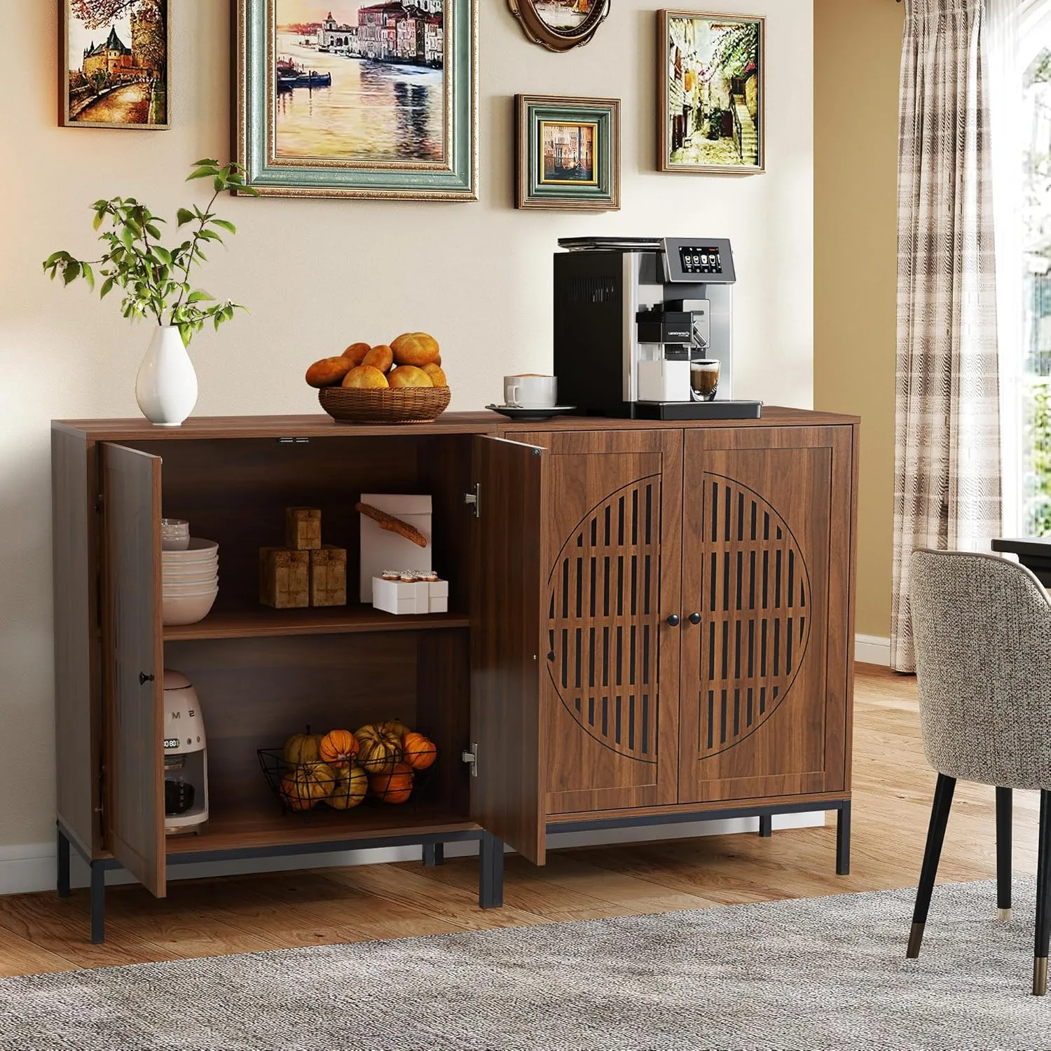 Sideboard Buffet Cabinet with Storage, Accent Storage Cabinet with 4 Doors, Farmhouse Wood Cabinets Credenza Console Table with Adjustable Shelves for Living Room Dining Room Kitchen,Walnut(2PCS)