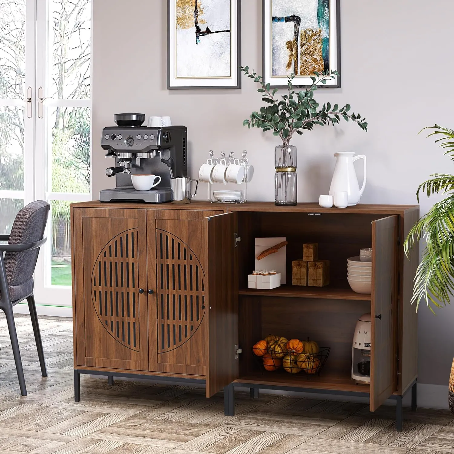 Sideboard Buffet Cabinet with Storage, Accent Storage Cabinet with 4 Doors, Farmhouse Wood Cabinets Credenza Console Table with Adjustable Shelves for Living Room Dining Room Kitchen,Walnut(2PCS)