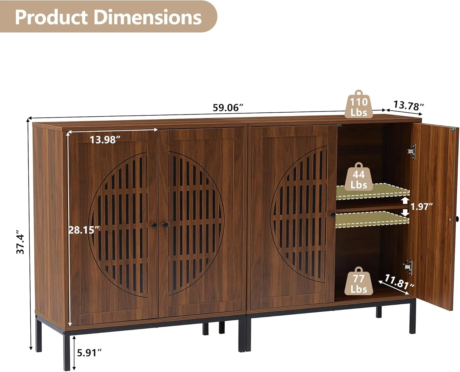Sideboard Buffet Cabinet with Storage, Accent Storage Cabinet with 4 Doors, Farmhouse Wood Cabinets Credenza Console Table with Adjustable Shelves for Living Room Dining Room Kitchen,Walnut(2PCS)