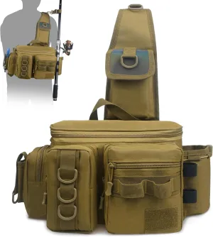 SILANON Fishing Sling Bag Pack with Rod Holder - Waterproof Cross Body Sling Fanny Pack Backpack Portable Tackle Box Storage Gift for Men