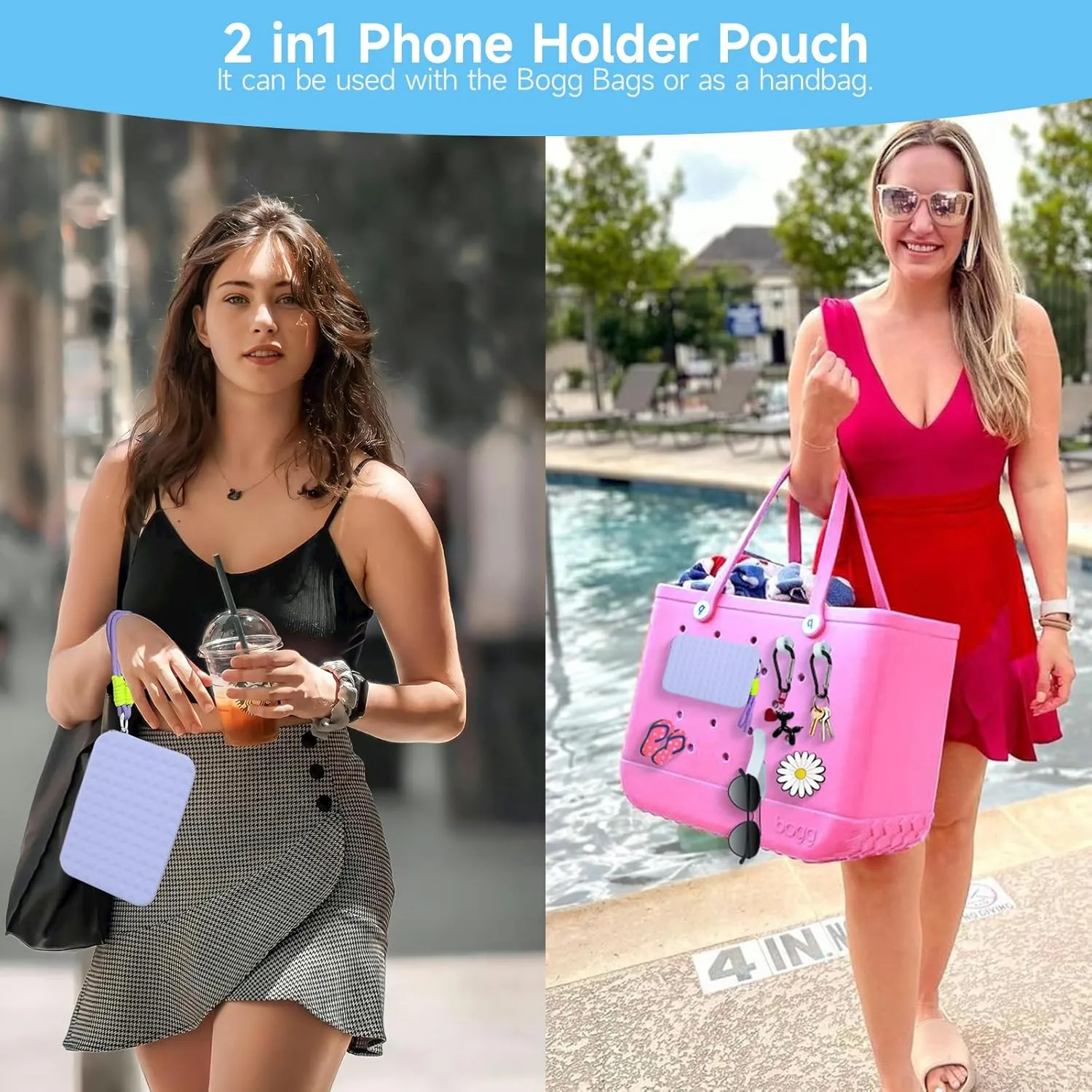 Silicone Phone Holder for Bogg Bag Accessories Inserts,Daisy Slipper Charms for Bogg Beach Bag Accessories,Bogg Organizer Wallet Pouch with Zipper,4pcs Hooks Clips Set for Simply Modern Bag(Purple)