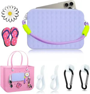 Silicone Phone Holder for Bogg Bag Accessories Inserts,Daisy Slipper Charms for Bogg Beach Bag Accessories,Bogg Organizer Wallet Pouch with Zipper,4pcs Hooks Clips Set for Simply Modern Bag(Purple)