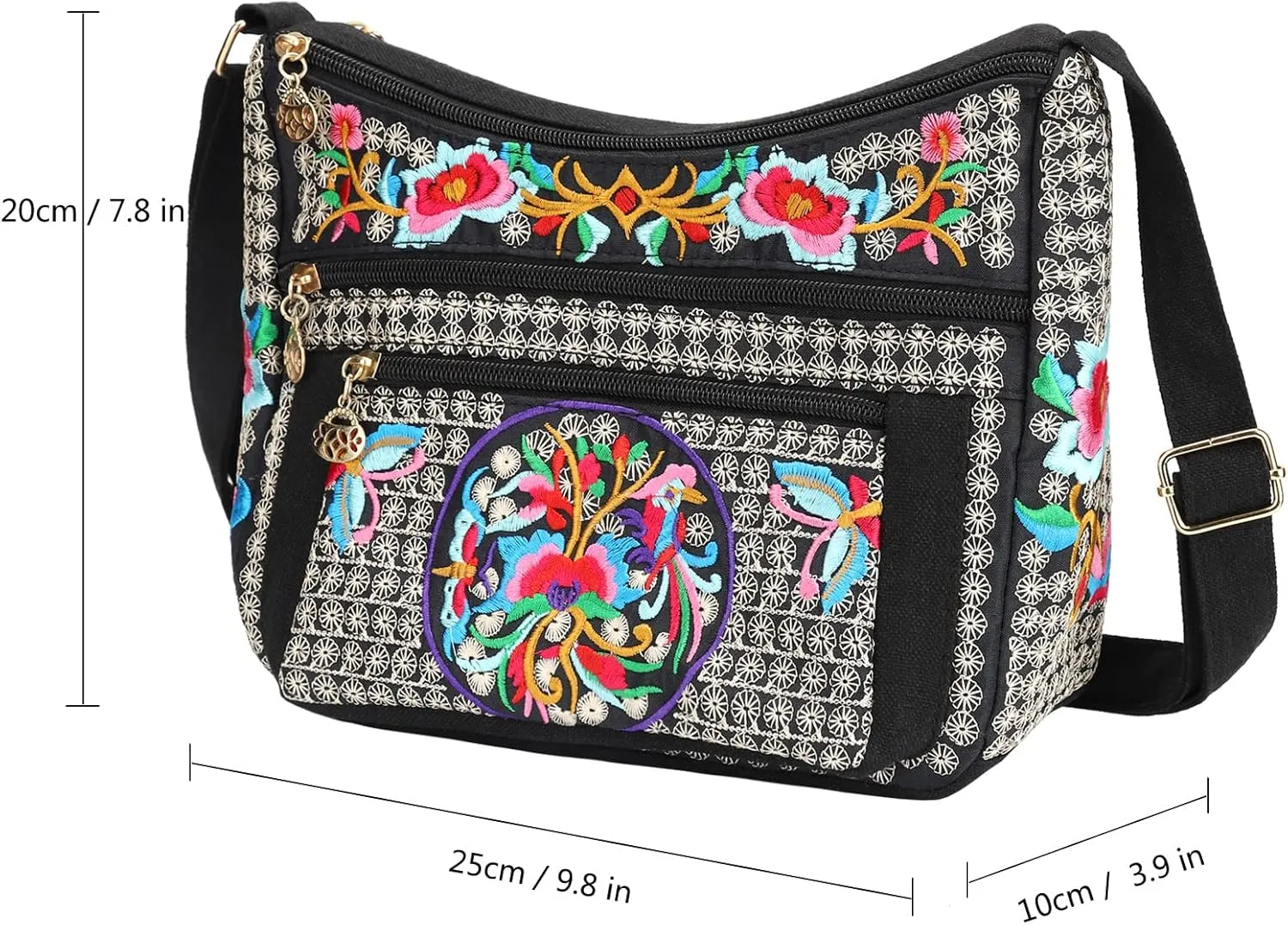 SILKAREA Embroidered Canvas 3 zip Small Crossbody Bag Cell Phone Purse Shoulder Wallet Handbags Wristlet Clutch Bag for Women