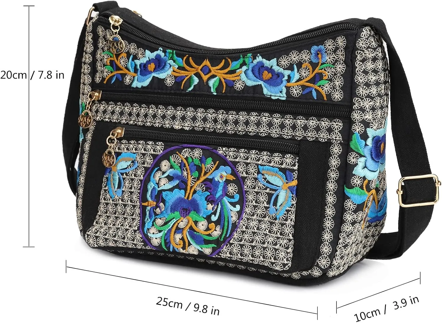 SILKAREA Embroidered Canvas 3 zip Small Crossbody Bag Cell Phone Purse Shoulder Wallet Handbags Wristlet Clutch Bag for Women
