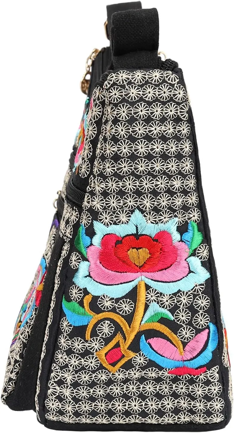 SILKAREA Embroidered Canvas 3 zip Small Crossbody Bag Cell Phone Purse Shoulder Wallet Handbags Wristlet Clutch Bag for Women