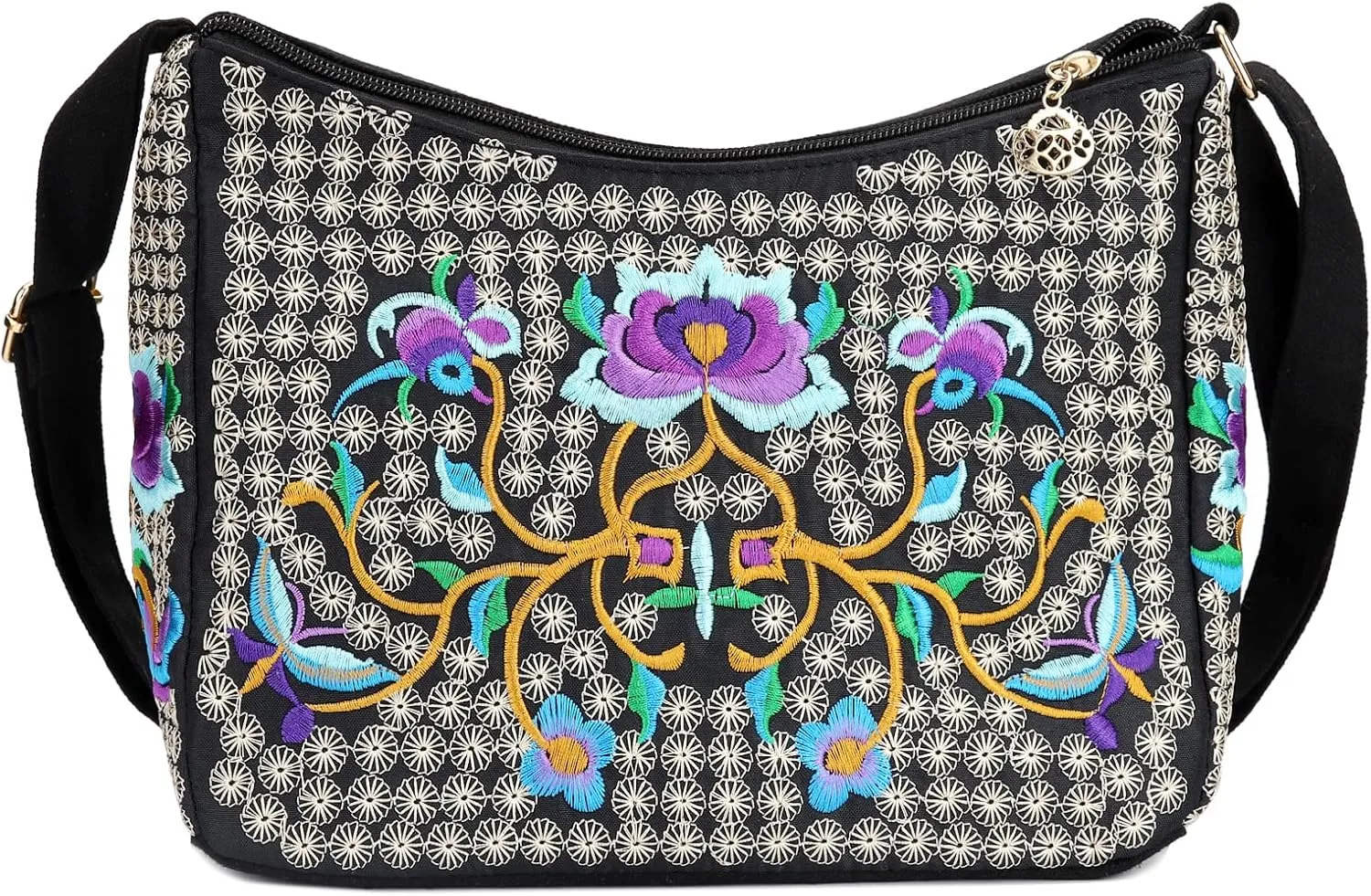 SILKAREA Embroidered Canvas 3 zip Small Crossbody Bag Cell Phone Purse Shoulder Wallet Handbags Wristlet Clutch Bag for Women