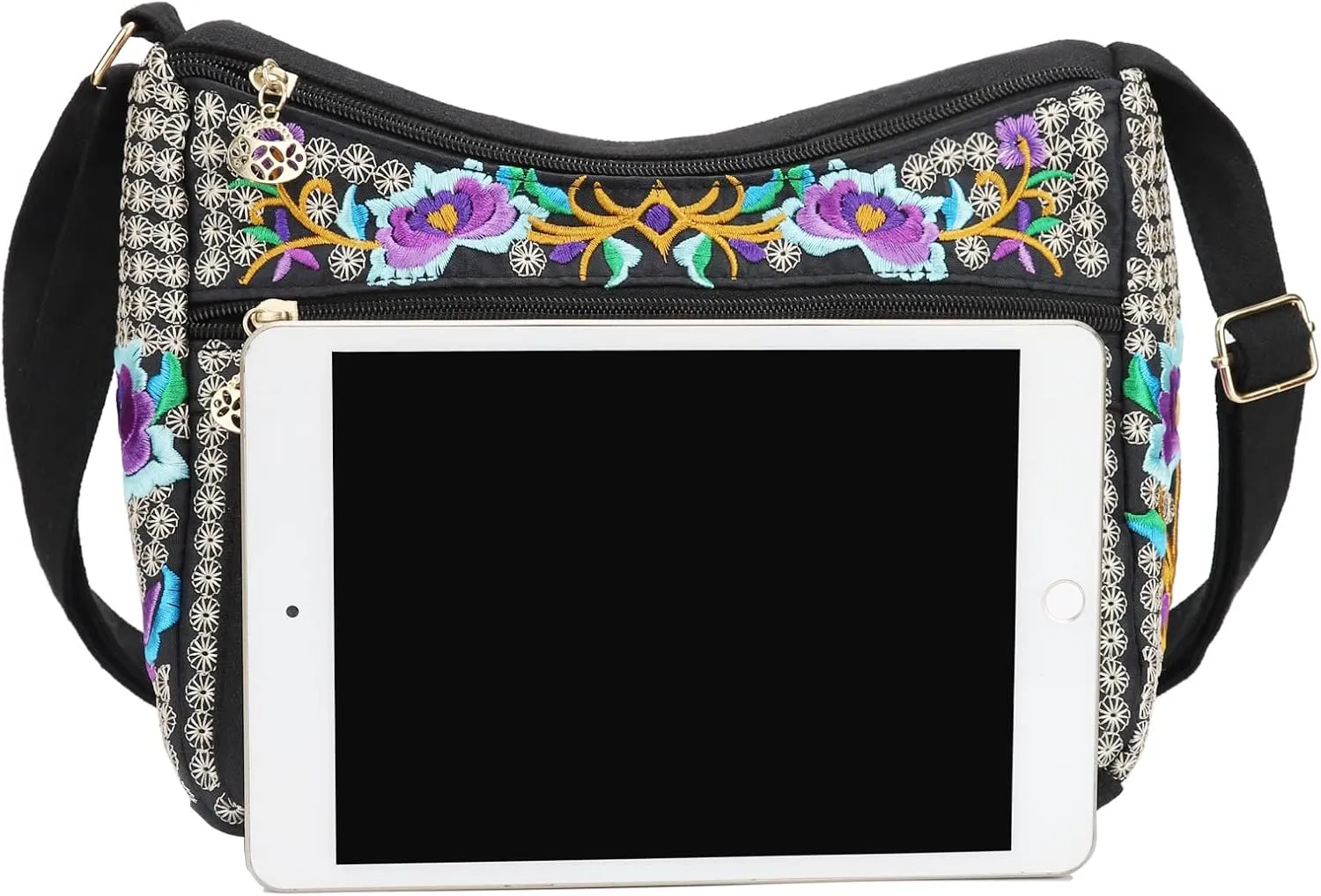 SILKAREA Embroidered Canvas 3 zip Small Crossbody Bag Cell Phone Purse Shoulder Wallet Handbags Wristlet Clutch Bag for Women
