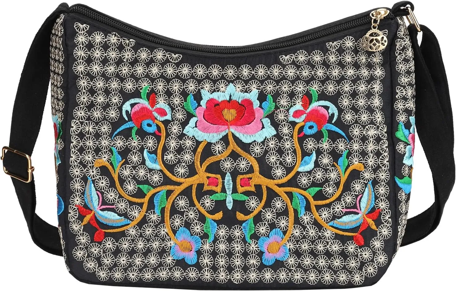 SILKAREA Embroidered Canvas 3 zip Small Crossbody Bag Cell Phone Purse Shoulder Wallet Handbags Wristlet Clutch Bag for Women