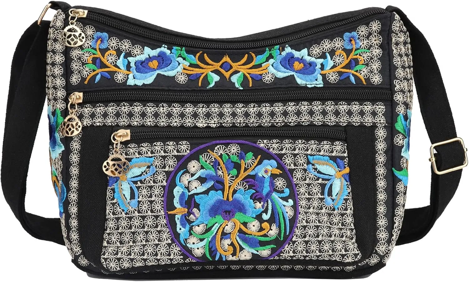 SILKAREA Embroidered Canvas 3 zip Small Crossbody Bag Cell Phone Purse Shoulder Wallet Handbags Wristlet Clutch Bag for Women