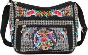 SILKAREA Embroidered Canvas 3 zip Small Crossbody Bag Cell Phone Purse Shoulder Wallet Handbags Wristlet Clutch Bag for Women