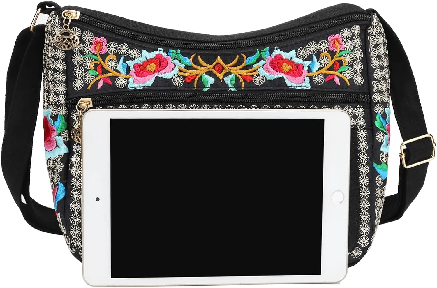 SILKAREA Embroidered Canvas 3 zip Small Crossbody Bag Cell Phone Purse Shoulder Wallet Handbags Wristlet Clutch Bag for Women