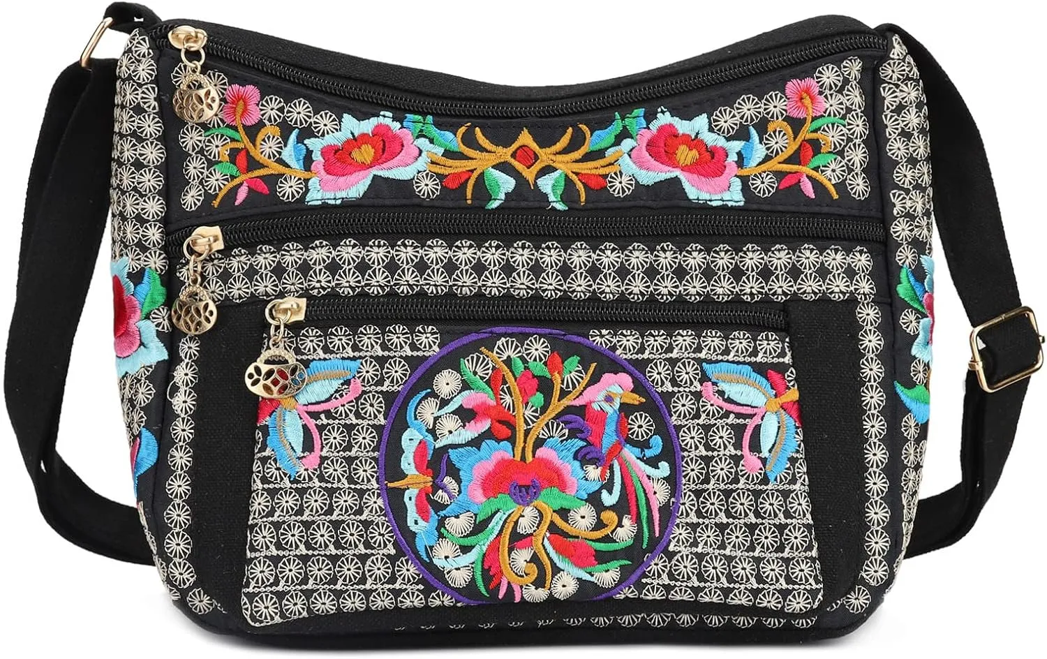 SILKAREA Embroidered Canvas 3 zip Small Crossbody Bag Cell Phone Purse Shoulder Wallet Handbags Wristlet Clutch Bag for Women