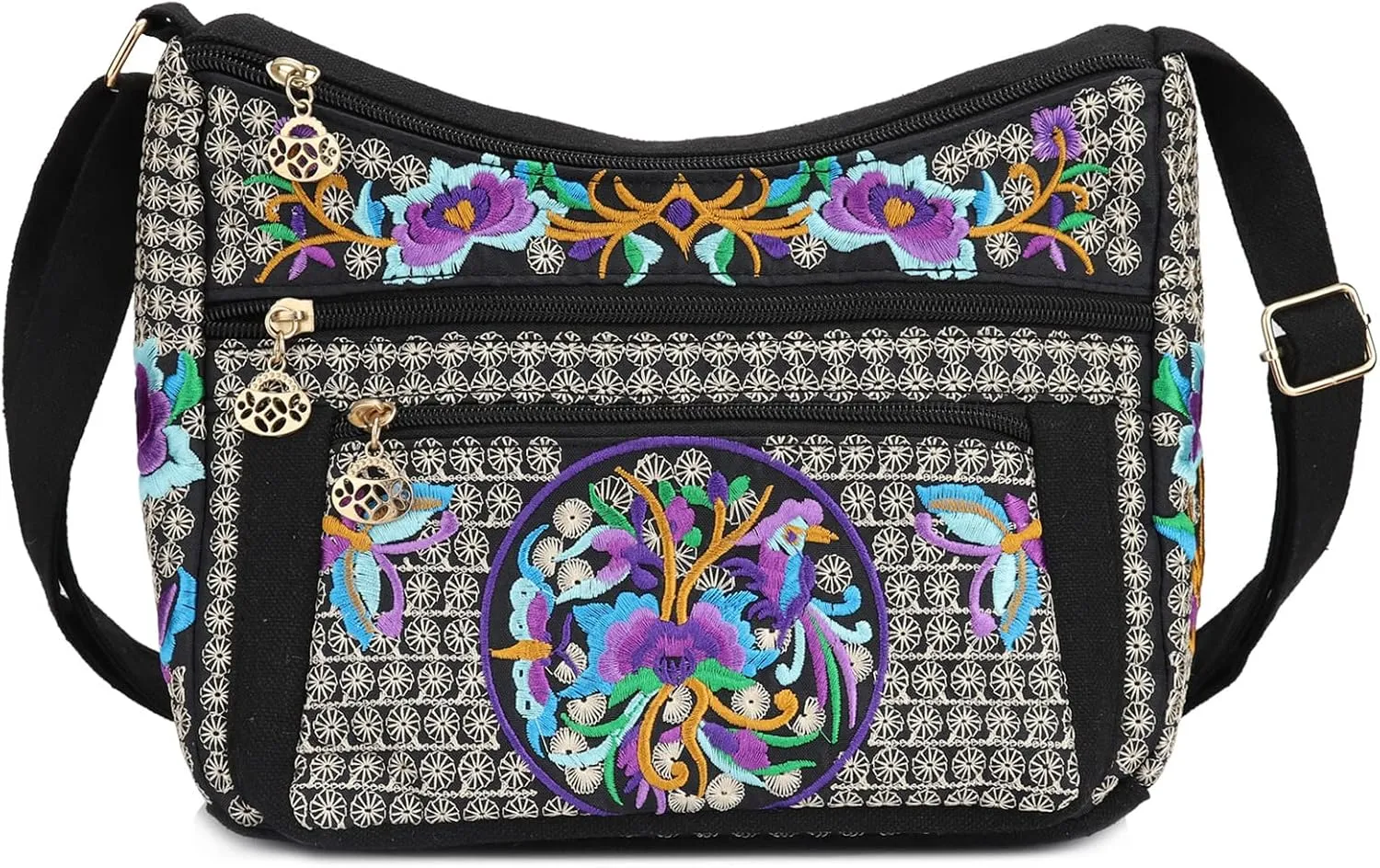 SILKAREA Embroidered Canvas 3 zip Small Crossbody Bag Cell Phone Purse Shoulder Wallet Handbags Wristlet Clutch Bag for Women