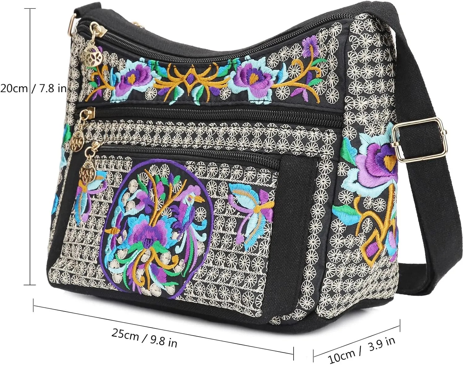SILKAREA Embroidered Canvas 3 zip Small Crossbody Bag Cell Phone Purse Shoulder Wallet Handbags Wristlet Clutch Bag for Women
